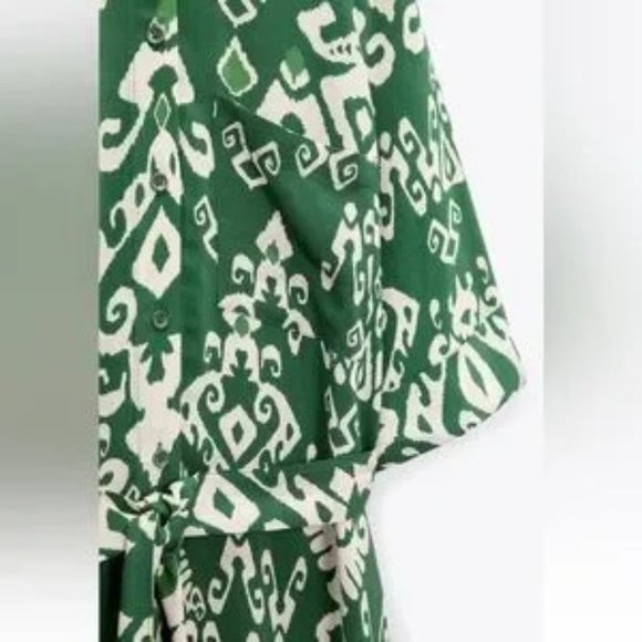Zara Belted Printed Green Short Sleeves Button Front Midi Shirt Dress Size S - Picture 8 of 10